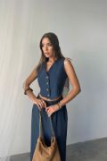 TENCEL YELEK - YIRTMAÇLI ETEK TAKIM - İndigo resmi